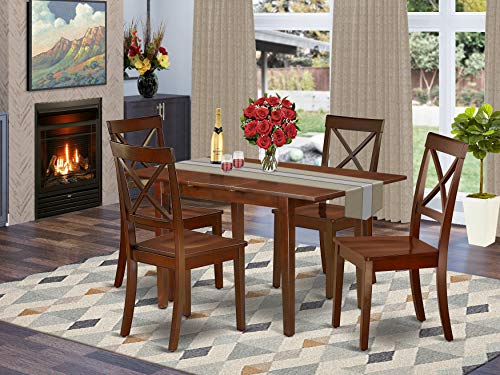 East West Furniture PSBO5-MAH-W 5Pc Dinette Set Includes a Rectangle 48/60 Inch Dinner Table with Butterfly Leaf and 4 Wood Seat Kitchen Chairs, Mahogany Finish