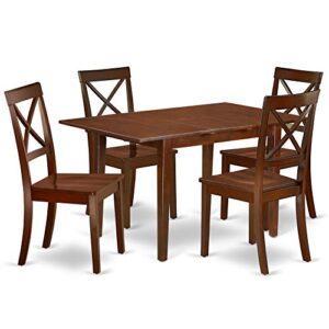 East West Furniture PSBO5-MAH-W 5Pc Dinette Set Includes a Rectangle 48/60 Inch Dinner Table with Butterfly Leaf and 4 Wood Seat Kitchen Chairs, Mahogany Finish