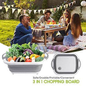 Collapsible Cutting Board, HI NINGER Chopping Board with Towel Kitchen Foldable Camping Dishes Sink Space Saving 3 in 1 Multifunction Storage Basket for BBQ Prep/Picnic/Camping (Grey)