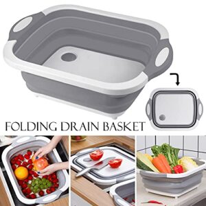 Collapsible Cutting Board, HI NINGER Chopping Board with Towel Kitchen Foldable Camping Dishes Sink Space Saving 3 in 1 Multifunction Storage Basket for BBQ Prep/Picnic/Camping (Grey)