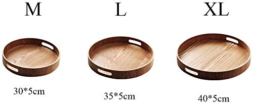 I-lan 14 Inch Wooden Serving Tray Circle, Round Wood Platter with Handles and 2 Inch Raised Side, Natural Wood Grain Circular Ottoman Display Tray Organizer for Food, Snack, Coffee Table, Beige, L