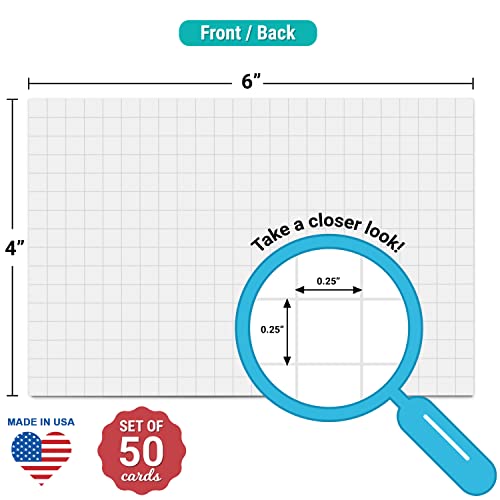 321Done Grid Index Cards (Set of 50) 4" x 6", Graph-Ruled 0.25" Double-Sided, Thick Cardstock, Made in The USA, White