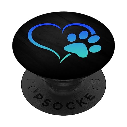 Turquoise Teal Blue color Dog Paw Print Heart On a Black PopSockets Swappable PopGrip