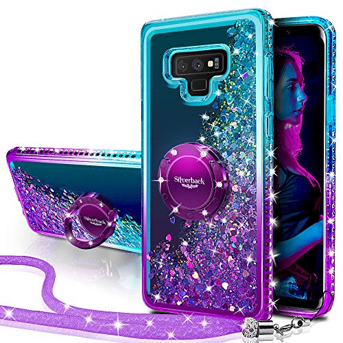 Silverback Galaxy Note 9 Case, Moving Liquid Holographic Sparkle Glitter Case with Kickstand, Bling Diamond Rhinestone Bumper W/Ring Slim Samsung Galaxy Note 9 Case for Girls Women -Purple