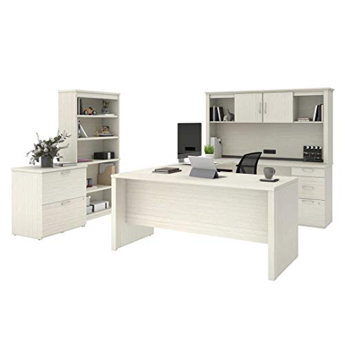 Bestar Logan U-Shaped Desk with Hutch, Lateral File Cabinet, and Bookcase, 66W, White Chocolate