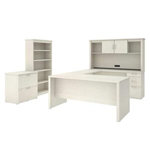 Bestar Logan U-Shaped Desk with Hutch, Lateral File Cabinet, and Bookcase, 66W, White Chocolate