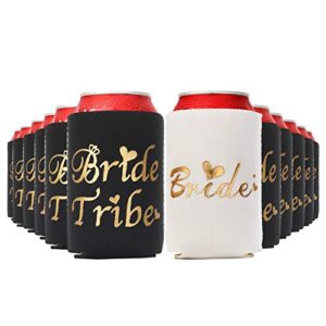 bachelorette party beer can coolers sleeves set, bride tribe neoprene drink cans covers for bridal showers, wedding party supplies favors (black, pack of 14)