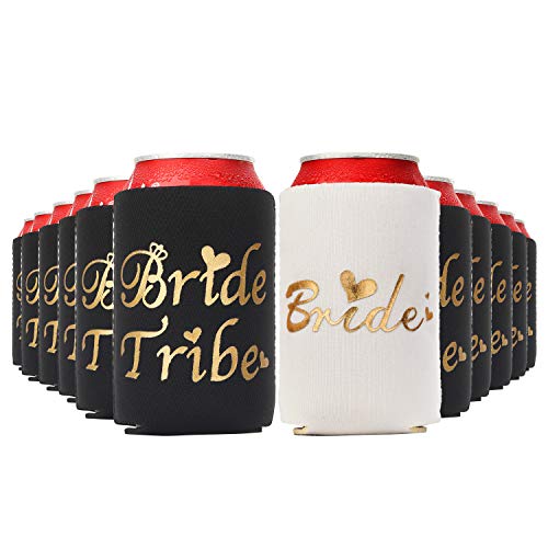 Bachelorette Party Beer Can Coolers Sleeves Set, Bride Tribe Neoprene Drink Cans Covers for Bridal Showers, Wedding Party Supplies Favors (Black, Pack of 14)