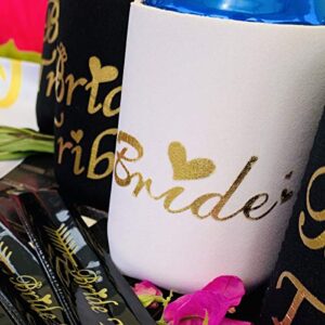 Bachelorette Party Beer Can Coolers Sleeves Set, Bride Tribe Neoprene Drink Cans Covers for Bridal Showers, Wedding Party Supplies Favors (Black, Pack of 14)