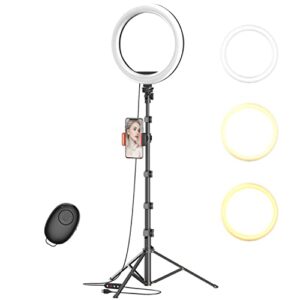 10" selfie ring light with 63" tripod stand & phone holder for live stream/makeup,upgraded dimmable led ring light with remote for youtube/tiktok/zoom calls/photography, compatible with iphone/android
