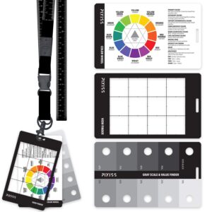 gray scale value finder, color wheel, artists view catcher finder on lanyard with measuring tape tools for artists.