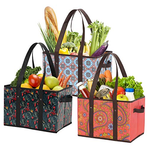 Foraineam Reusable Grocery Bags 3 Pattern Assorted Durable Heavy Duty Grocery Totes Bag Collapsible Grocery Shopping Box Bags with Reinforced Bottom