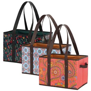 Foraineam Reusable Grocery Bags 3 Pattern Assorted Durable Heavy Duty Grocery Totes Bag Collapsible Grocery Shopping Box Bags with Reinforced Bottom