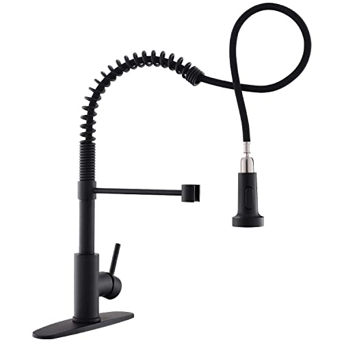 OWOFAN Black Kitchen Faucet Contemporary Spring Kitchen Sink Faucet with Pull Down Sprayer Single Handle Pull Out Kitchen Faucets with Deck Plate 866055R