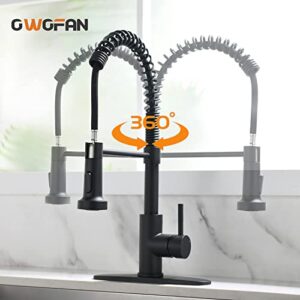 OWOFAN Black Kitchen Faucet Contemporary Spring Kitchen Sink Faucet with Pull Down Sprayer Single Handle Pull Out Kitchen Faucets with Deck Plate 866055R