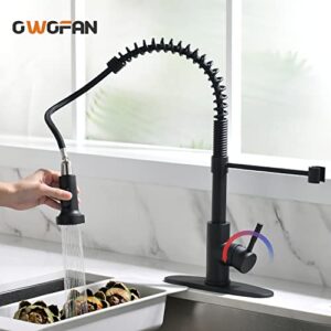 OWOFAN Black Kitchen Faucet Contemporary Spring Kitchen Sink Faucet with Pull Down Sprayer Single Handle Pull Out Kitchen Faucets with Deck Plate 866055R