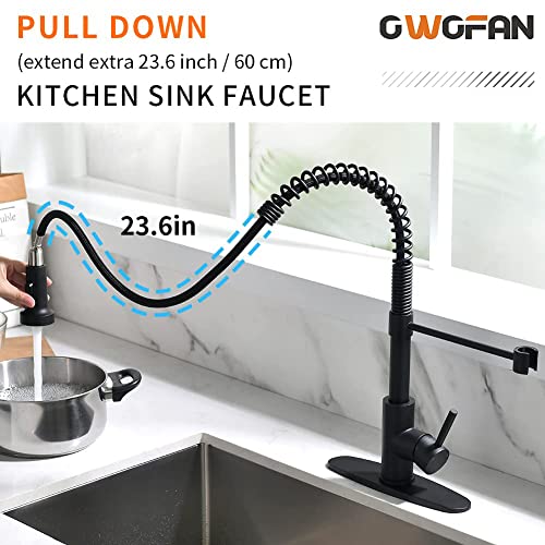 OWOFAN Black Kitchen Faucet Contemporary Spring Kitchen Sink Faucet with Pull Down Sprayer Single Handle Pull Out Kitchen Faucets with Deck Plate 866055R