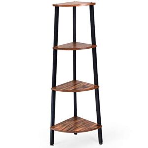 giantex 4-tier corner shelf industrial multipurpose bookcase, home or office storage rack, wood plant stand with metal frame (rustic brown)