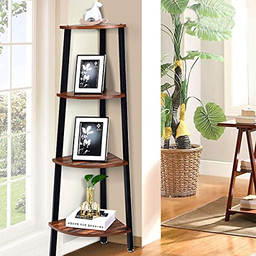 Giantex 4-Tier Corner Shelf Industrial Multipurpose Bookcase, Home or Office Storage Rack, Wood Plant Stand with Metal Frame (Rustic Brown)