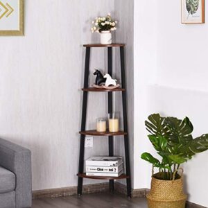 Giantex 4-Tier Corner Shelf Industrial Multipurpose Bookcase, Home or Office Storage Rack, Wood Plant Stand with Metal Frame (Rustic Brown)