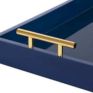 Kate and Laurel Lipton Narrow Decorative Tray with Polished Metal Handles, 10" x 24", Navy Blue and Gold, Chic Accent Tray for Display and Storage