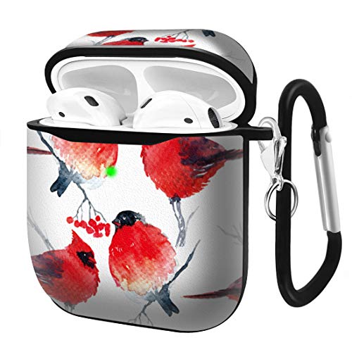 Slim Form Fitted Printing Pattern Cover Case with Carabiner Compatible with Airpods 1 and AirPods 2 / Watercolor Winter Background with Bullfinch and Cardinal