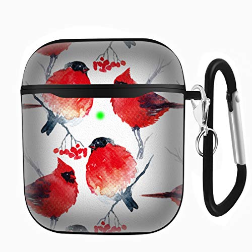 Slim Form Fitted Printing Pattern Cover Case with Carabiner Compatible with Airpods 1 and AirPods 2 / Watercolor Winter Background with Bullfinch and Cardinal