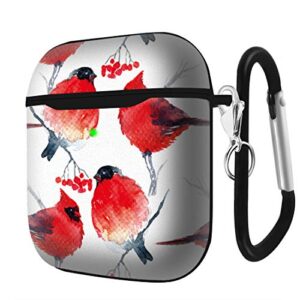 Slim Form Fitted Printing Pattern Cover Case with Carabiner Compatible with Airpods 1 and AirPods 2 / Watercolor Winter Background with Bullfinch and Cardinal