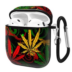 slim form fitted printing pattern cover case with carabiner compatible with airpods 1 and airpods 2 / psychedelic abstract marijuana leaf pattern