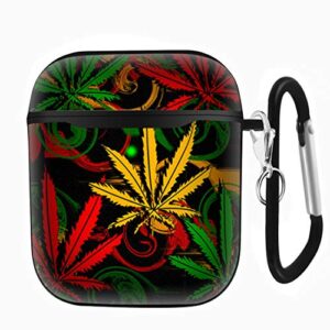 Slim Form Fitted Printing Pattern Cover Case with Carabiner Compatible with Airpods 1 and AirPods 2 / Psychedelic Abstract Marijuana Leaf Pattern