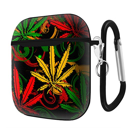Slim Form Fitted Printing Pattern Cover Case with Carabiner Compatible with Airpods 1 and AirPods 2 / Psychedelic Abstract Marijuana Leaf Pattern