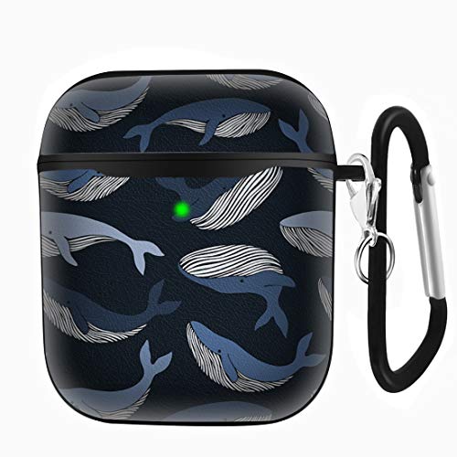 Slim Form Fitted Printing Pattern Cover Case with Carabiner Compatible with Airpods 1 and AirPods 2 / Ocean Whale Pattern