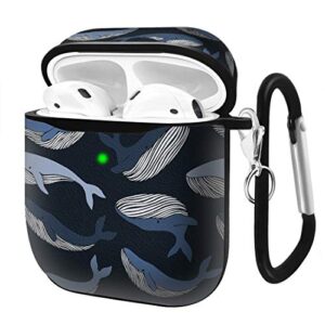 slim form fitted printing pattern cover case with carabiner compatible with airpods 1 and airpods 2 / ocean whale pattern