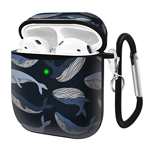 Slim Form Fitted Printing Pattern Cover Case with Carabiner Compatible with Airpods 1 and AirPods 2 / Ocean Whale Pattern