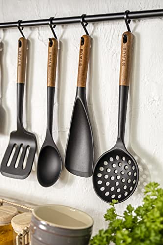 STAUB Risotto Spoon, Cooking Utensil, Perfect for Stirring and Serving Risotto, Durable BPA-Free Matte Black Silicone, Acacia Wood Handles, Safe for Nonstick Cooking Surfaces