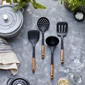 STAUB Risotto Spoon, Cooking Utensil, Perfect for Stirring and Serving Risotto, Durable BPA-Free Matte Black Silicone, Acacia Wood Handles, Safe for Nonstick Cooking Surfaces