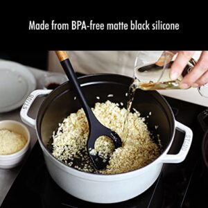 STAUB Risotto Spoon, Cooking Utensil, Perfect for Stirring and Serving Risotto, Durable BPA-Free Matte Black Silicone, Acacia Wood Handles, Safe for Nonstick Cooking Surfaces