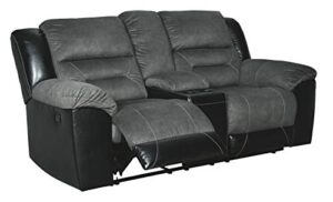 signature design by ashley earhart faux leather manual double reclining loveseat with storage console, gray & black
