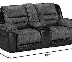 Signature Design by Ashley Earhart Faux Leather Manual Double Reclining Loveseat with Storage Console, Gray & Black