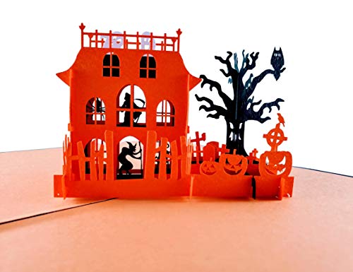 iGifts And Cards Creepy Haunted Mansion 3D Pop Up Greeting Card - Happy Halloween Pumpkin, Friendly Ghost, Evil Witch, Spooky Owl, Large Spider, Black Cat, Fun Birthday Gift, Cute Tombstone & Cemetery