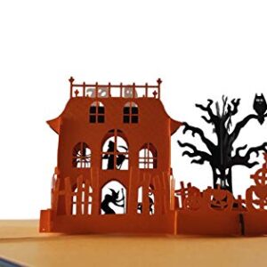 iGifts And Cards Creepy Haunted Mansion 3D Pop Up Greeting Card - Happy Halloween Pumpkin, Friendly Ghost, Evil Witch, Spooky Owl, Large Spider, Black Cat, Fun Birthday Gift, Cute Tombstone & Cemetery