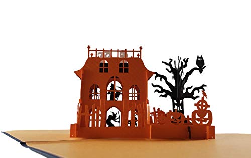 iGifts And Cards Creepy Haunted Mansion 3D Pop Up Greeting Card - Happy Halloween Pumpkin, Friendly Ghost, Evil Witch, Spooky Owl, Large Spider, Black Cat, Fun Birthday Gift, Cute Tombstone & Cemetery