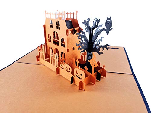 iGifts And Cards Creepy Haunted Mansion 3D Pop Up Greeting Card - Happy Halloween Pumpkin, Friendly Ghost, Evil Witch, Spooky Owl, Large Spider, Black Cat, Fun Birthday Gift, Cute Tombstone & Cemetery