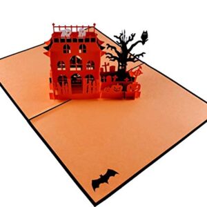 iGifts And Cards Creepy Haunted Mansion 3D Pop Up Greeting Card - Happy Halloween Pumpkin, Friendly Ghost, Evil Witch, Spooky Owl, Large Spider, Black Cat, Fun Birthday Gift, Cute Tombstone & Cemetery