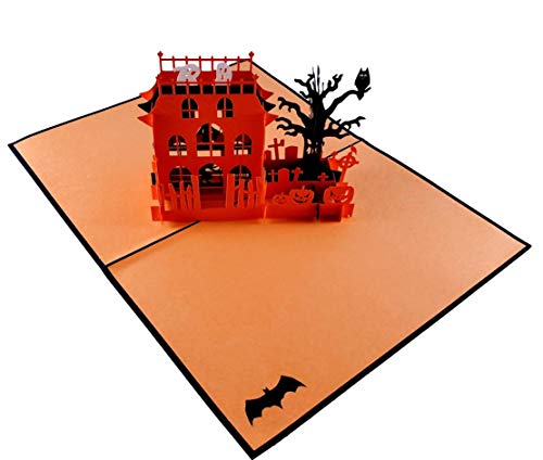 iGifts And Cards Creepy Haunted Mansion 3D Pop Up Greeting Card - Happy Halloween Pumpkin, Friendly Ghost, Evil Witch, Spooky Owl, Large Spider, Black Cat, Fun Birthday Gift, Cute Tombstone & Cemetery