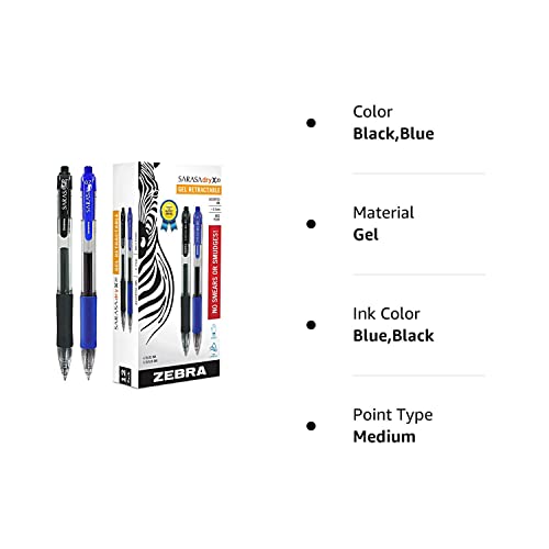 Zebra Sarasa Retractable Gel Ink Pens, Medium Point 0.7mm, Bulk Combo Pack of 6 BLUE Gel Pens & 6 BLACK INK Zebra Gel Pens (Black/Blue)