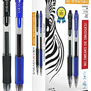 Zebra Sarasa Retractable Gel Ink Pens, Medium Point 0.7mm, Bulk Combo Pack of 6 BLUE Gel Pens & 6 BLACK INK Zebra Gel Pens (Black/Blue)