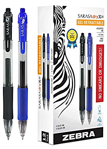 Zebra Sarasa Retractable Gel Ink Pens, Medium Point 0.7mm, Bulk Combo Pack of 6 BLUE Gel Pens & 6 BLACK INK Zebra Gel Pens (Black/Blue)