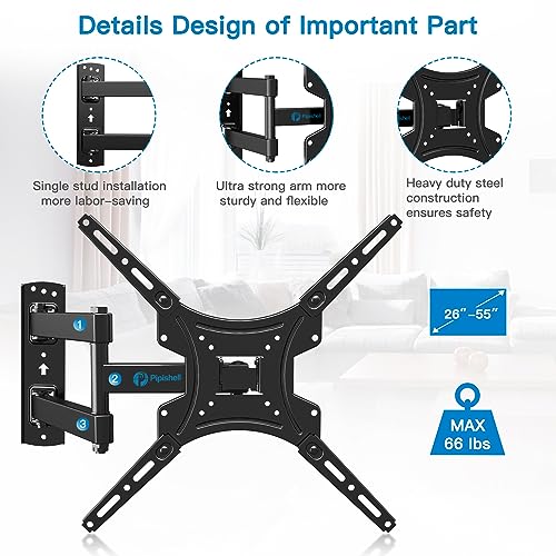 Full Motion TV Wall Mount Bracket Articulating Arms Swivels Tilts Extension Rotation for Most 26-55 Inch LED LCD Flat Curved Screen TVs, Max VESA 400x400mm up to 66lbs by Pipishell