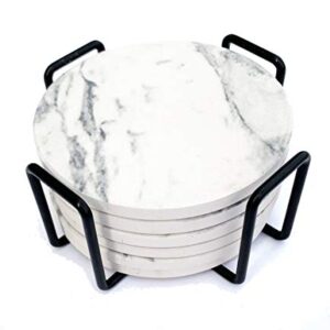 Coasters for Drinks, 6 Ceramic Marble Print Stone Coasters with Premium Black Holder (Off White)